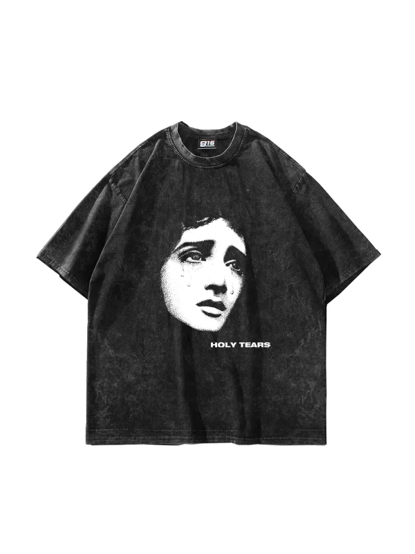 Holy Tears Baskılı Oversize Unisex Yıkamalı Siyah Tshirt
