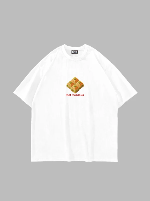 Hot Baklava Baskılı Oversize Unisex Beyaz Tshirt