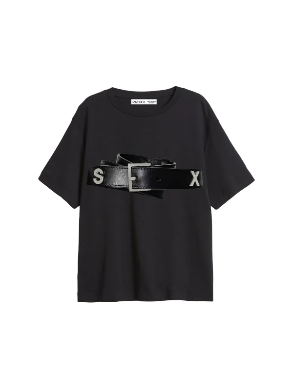 Hot Belt Baskılı Relaxed Fit Siyah Kadın Tshirt