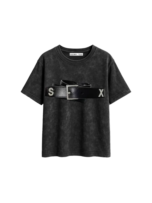 Hot Belt Baskılı Relaxed Fit Yıkamalı Siyah Kadın Tshirt