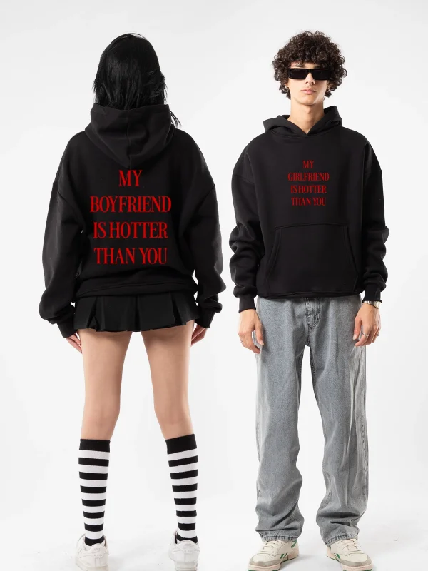 Hot Boyfriend Baskılı Oversize Unisex Siyah Hoodie