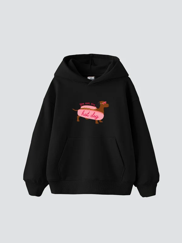 Hot Dog Baskılı Oversize Unisex Siyah Hoodie