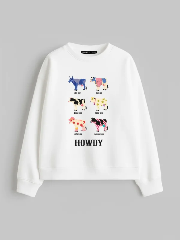 Howdy Cows Baskılı Kapüşonsuz Relaxed Fit Beyaz Sweatshirt