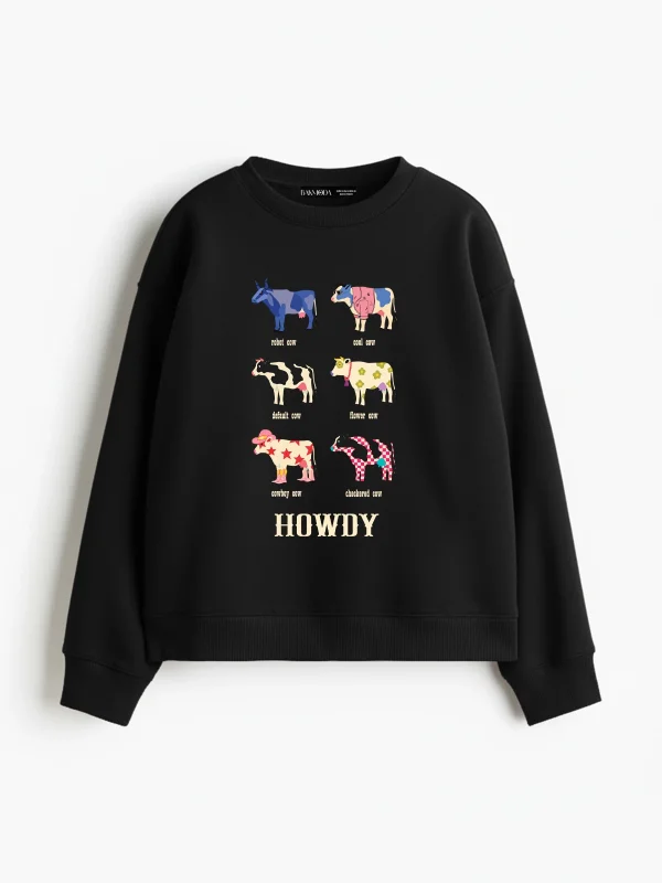 Howdy Cows Baskılı Kapüşonsuz Relaxed Fit Kadın Siyah Sweatshirt