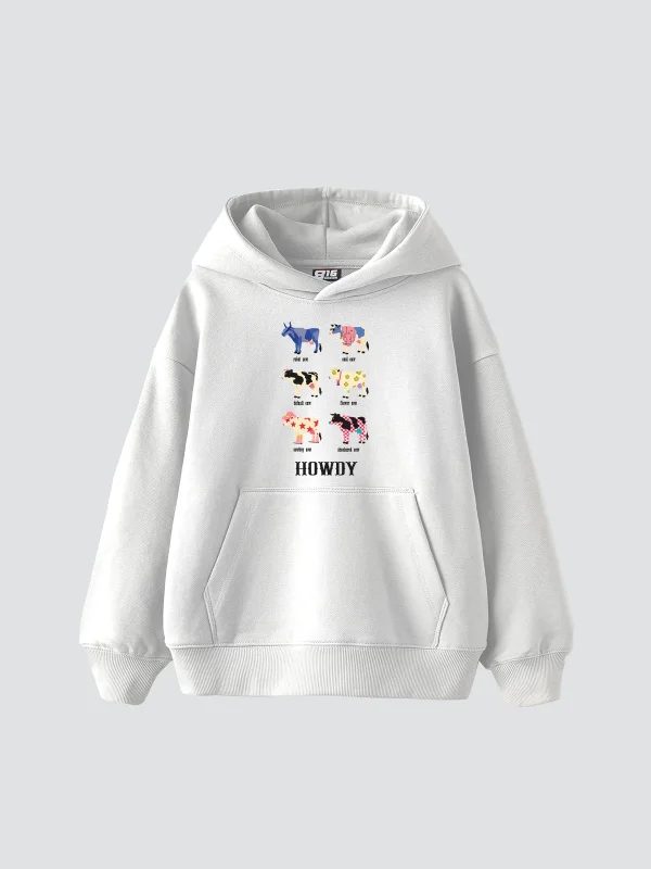 Howdy Cows Baskılı Oversize Unisex Beyaz Hoodie