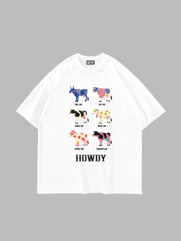 Howdy Cows Baskılı Oversize Unisex Beyaz Tshirt