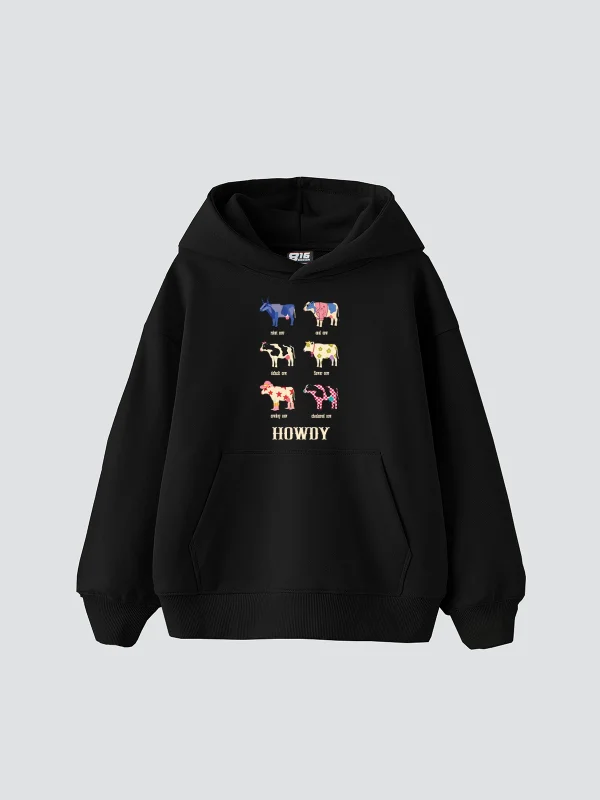 Howdy Cows Baskılı Oversize Unisex Siyah Hoodie