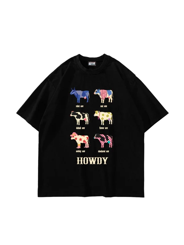 Howdy Cows Baskılı Oversize Unisex Siyah Tshirt