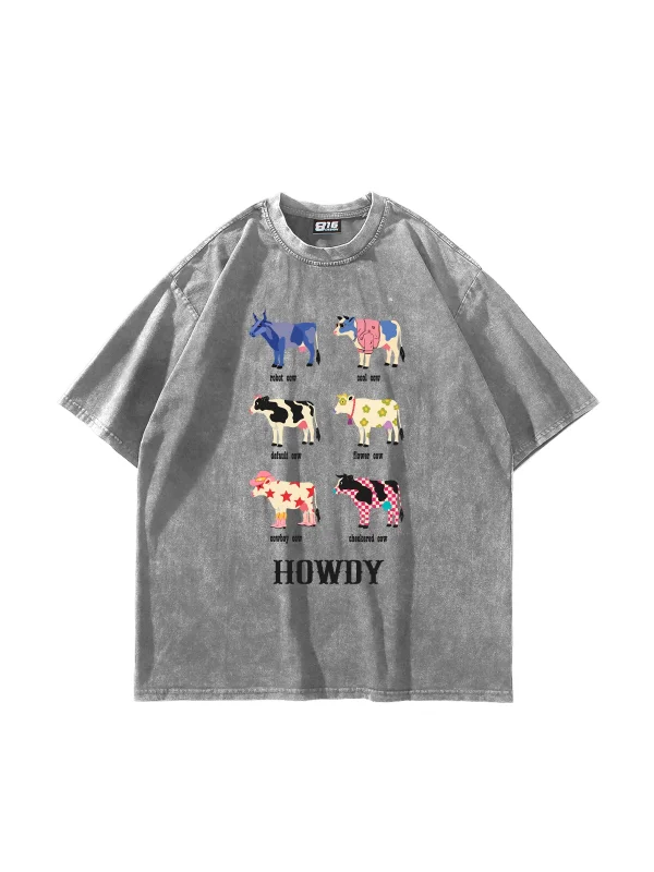 Howdy Cows Baskılı Oversize Unisex Yıkamalı Beyaz Tshirt