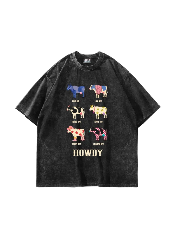 Howdy Cows Baskılı Oversize Unisex Yıkamalı Siyah Tshirt