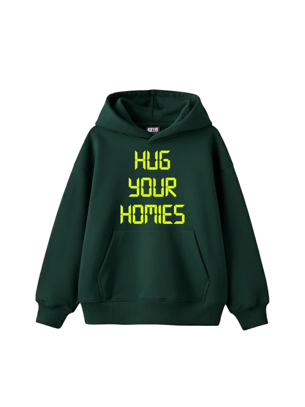 Hug Your Homies Baskılı Oversize Unisex Koyu Yeşil Hoodie