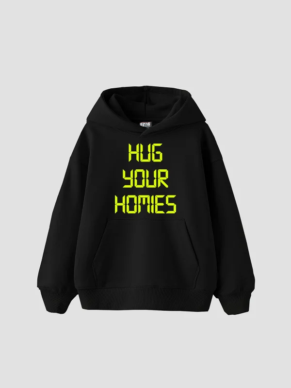 Hug Your Homies Baskılı Oversize Unisex Siyah Hoodie