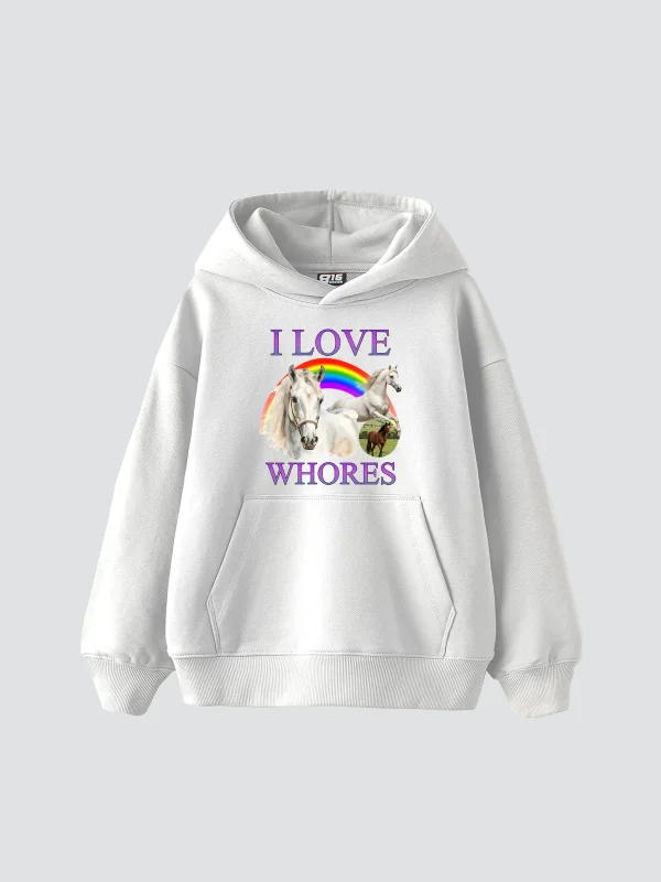 I Love Whores Baskılı Oversize Unisex Beyaz Hoodie
