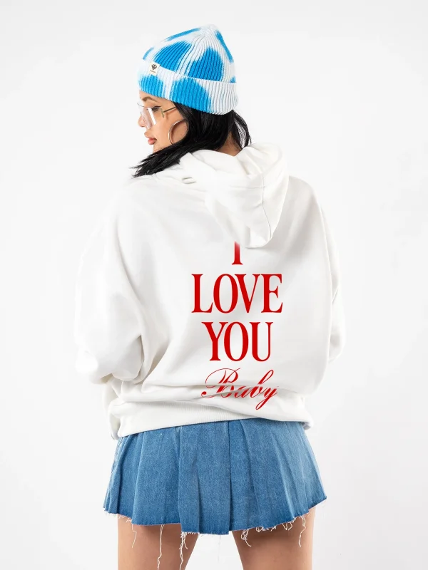 I Love You Baby Baskılı Oversize Unisex Beyaz Hoodie