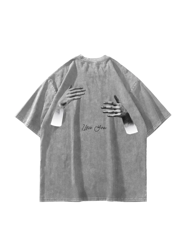 I Love You Baskılı Oversize Unisex Yıkamalı Beyaz Tshirt