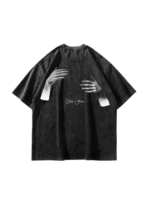 I Love You Baskılı Oversize Unisex Yıkamalı Siyah Tshirt