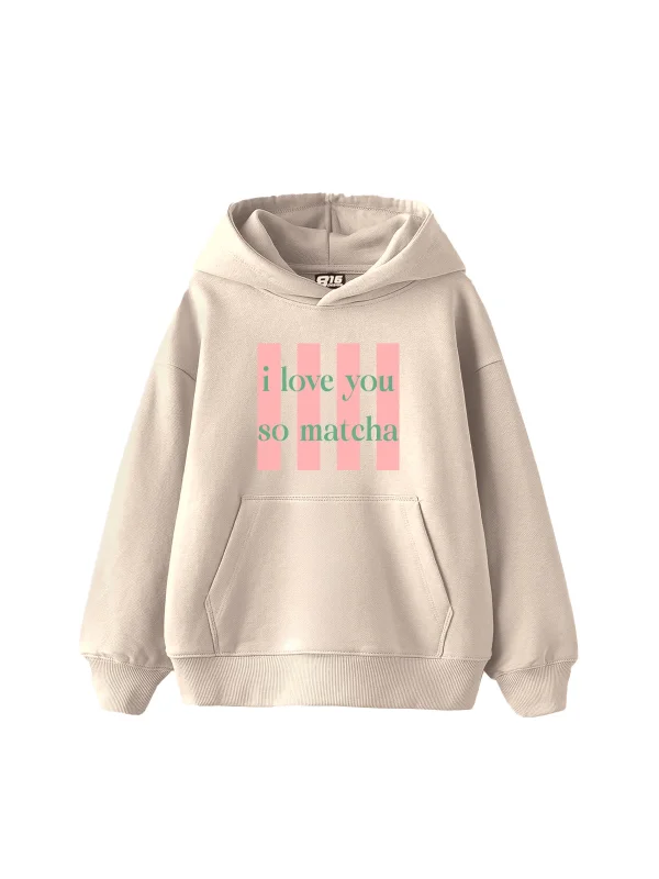 I Love You So Matcha Baskılı Oversize Unisex Bej Hoodie