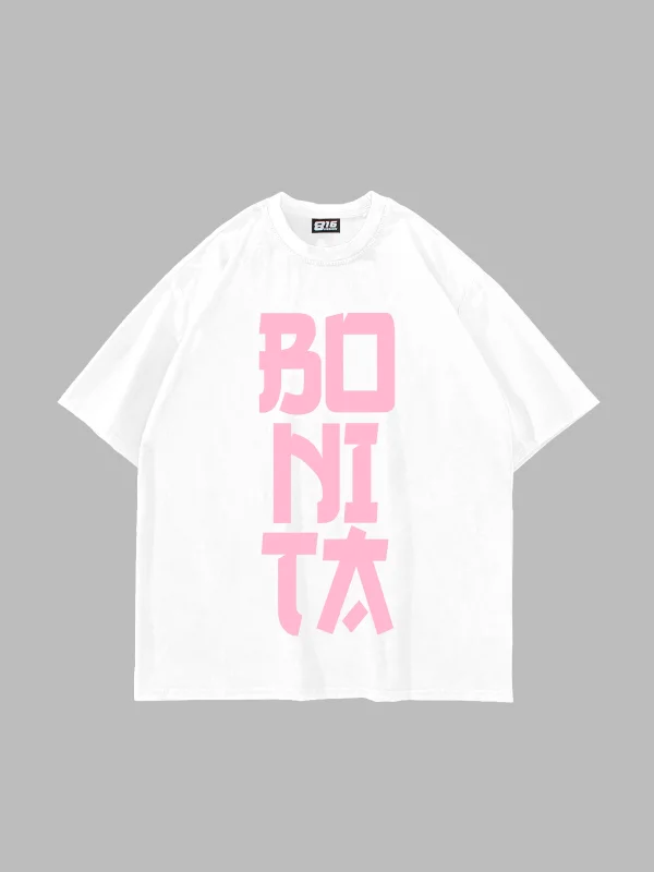 Bonita Pink Pembe Yazılı Beyaz Oversize Tshirt