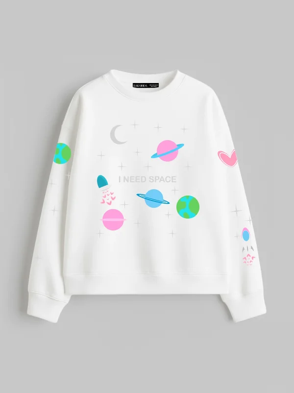 I Need Space Baskılı Kapüşonsuz Relaxed Fit Kadın Beyaz Sweatshirt