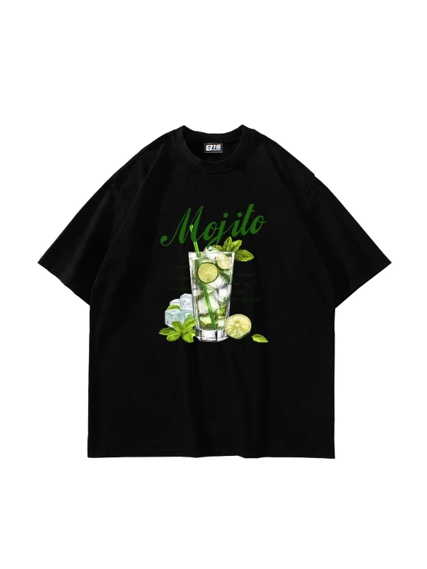 Iced Mojito Baskılı Oversize Unisex Siyah Tshirt