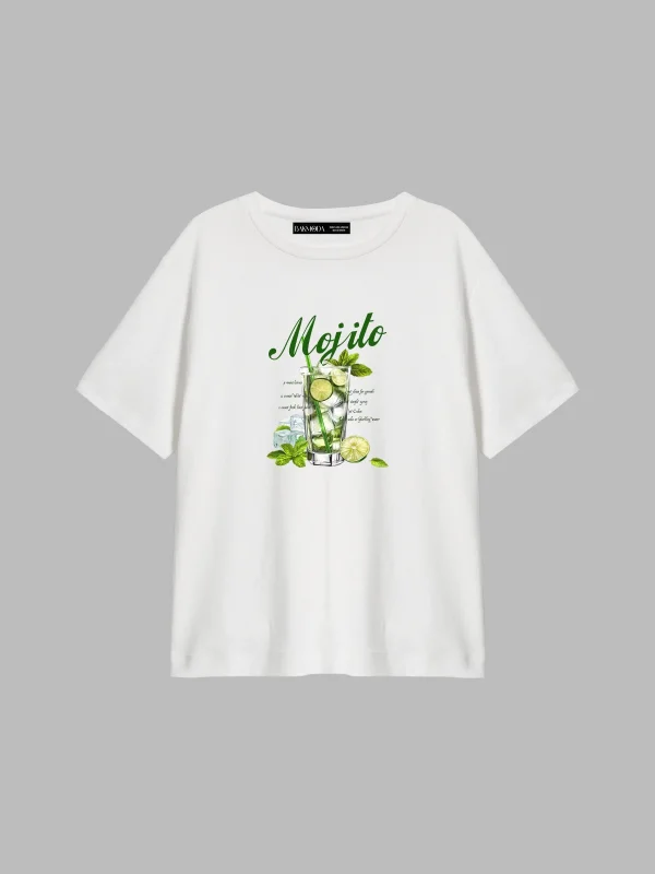 Iced Mojito Baskılı Relaxed Fit Beyaz Kadın Tshirt