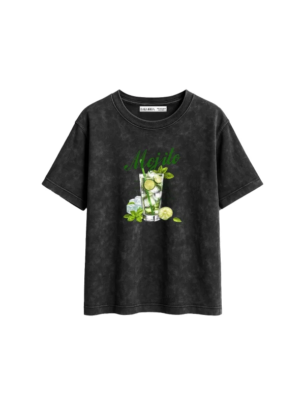 Iced Mojito Baskılı Relaxed Fit Yıkamalı Siyah Kadın Tshirt