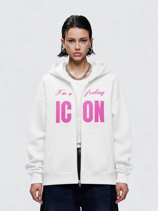 ICON Baskılı Fermuarlı Zip Kapüşonlu Unisex Beyaz Sweatshirt