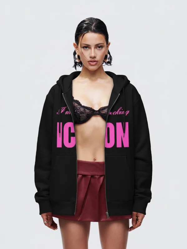 ICON Baskılı Fermuarlı Zip Kapüşonlu Unisex Siyah Sweatshirt