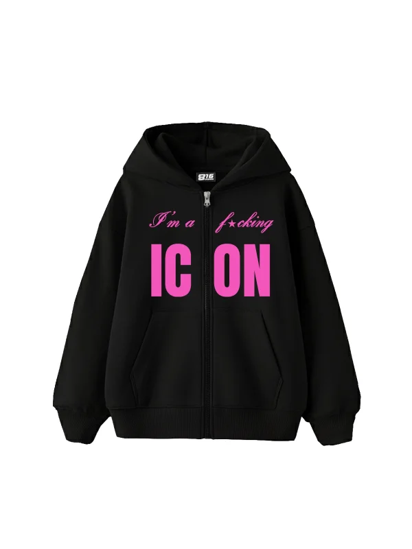 ICON Baskılı Fermuarlı Zip Kapüşonlu Unisex Siyah Sweatshirt