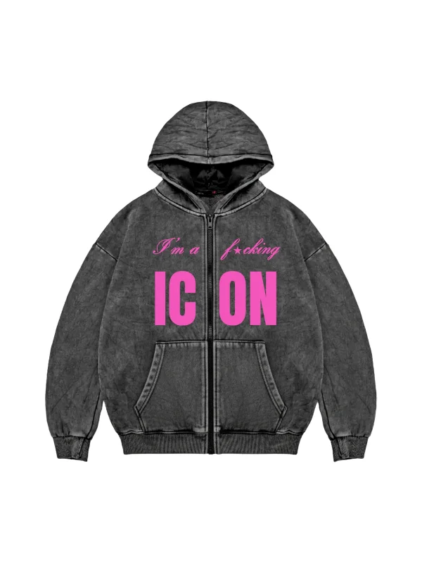 ICON Baskılı Fermuarlı Zip Kapüşonlu Unisex Yıkamalı Siyah Sweatshirt