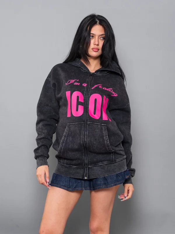 ICON Baskılı Fermuarlı Zip Kapüşonlu Unisex Yıkamalı Siyah Sweatshirt