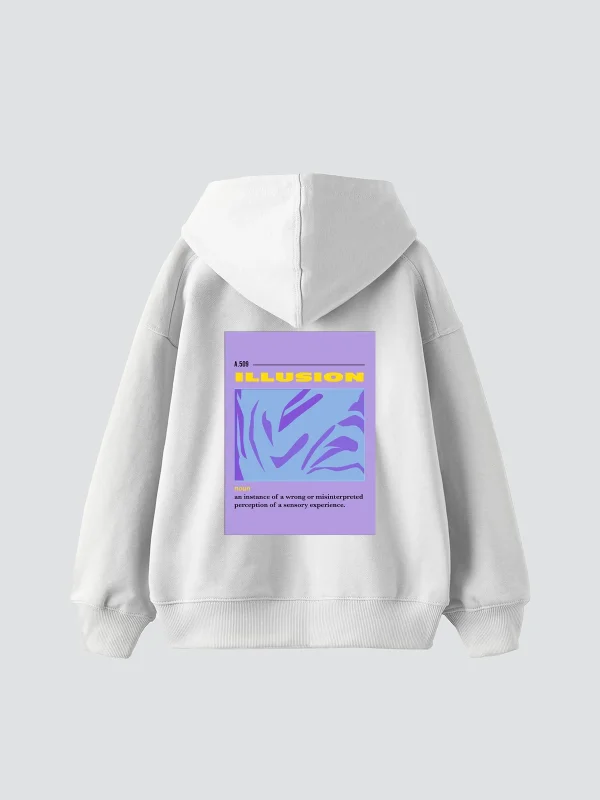 Illusion Baskılı Oversize Unisex Beyaz Hoodie