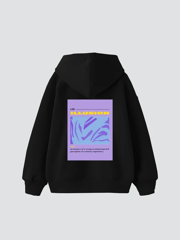 Illusion Baskılı Oversize Unisex Siyah Hoodie