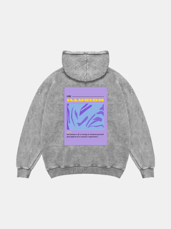 Illusion Baskılı Oversize Unisex Yıkamalı Beyaz Hoodie