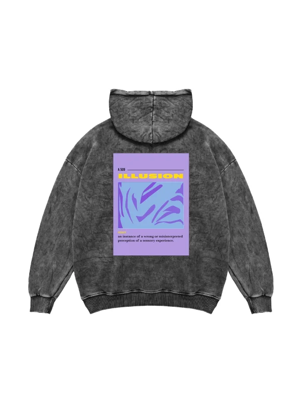 Illusion Baskılı Oversize Unisex Yıkamalı Siyah Hoodie