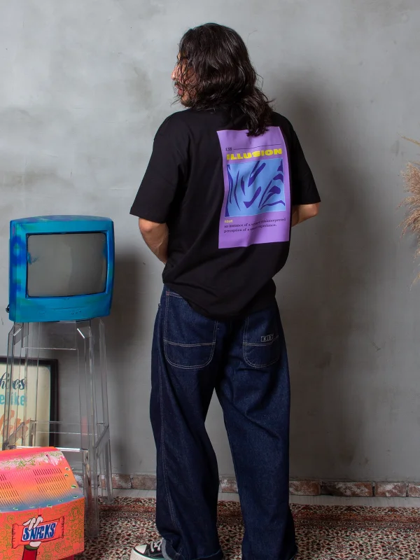 Illusion Baskılı Siyah Premium Oversize Unisex Tshirt