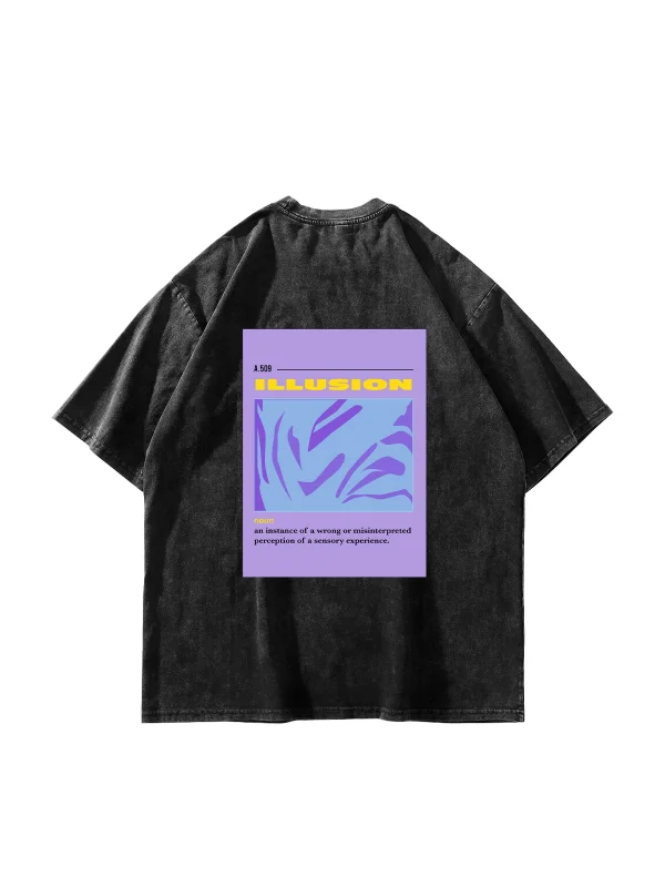 Illusion Baskılı Yıkamalı Siyah Premium Oversize Unisex Tshirt