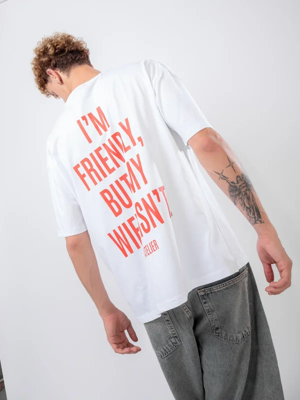 Im Friendly Sırt Baskılı Beyaz Oversize Tshirt