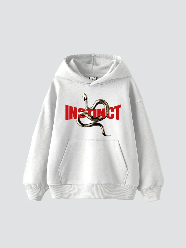 Instinct Baskılı Oversize Unisex Beyaz Hoodie
