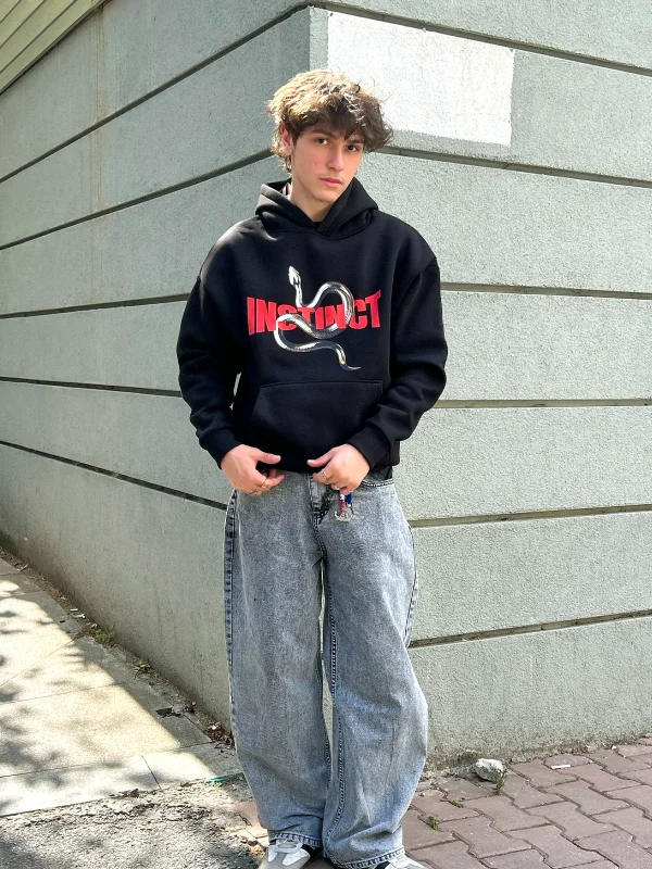 Instinct Baskılı Oversize Unisex Siyah Hoodie