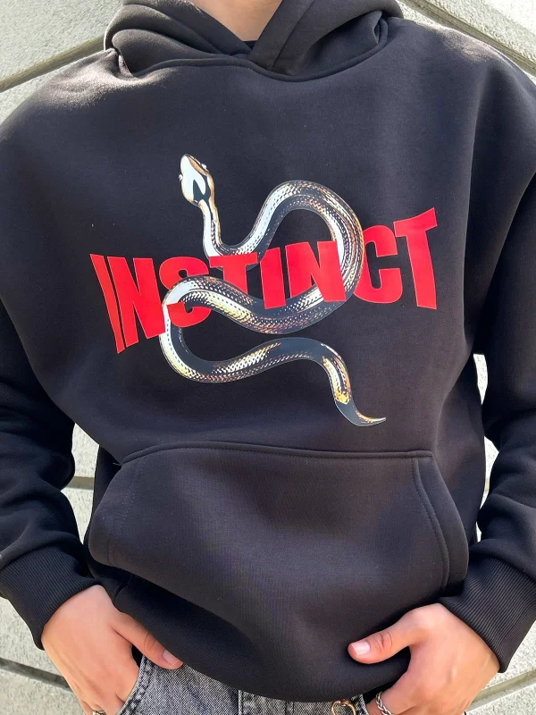 Instinct Baskılı Oversize Unisex Siyah Hoodie