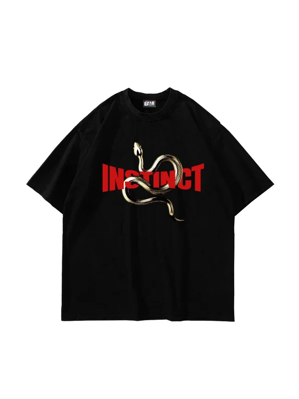 Instinct Baskılı Oversize Unisex Siyah Tshirt