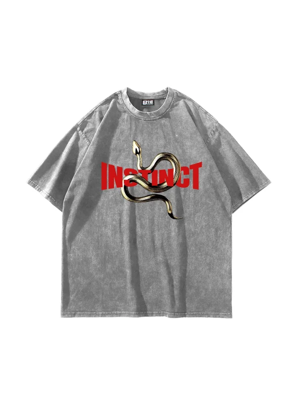 Instinct Baskılı Oversize Unisex Yıkamalı Beyaz Tshirt