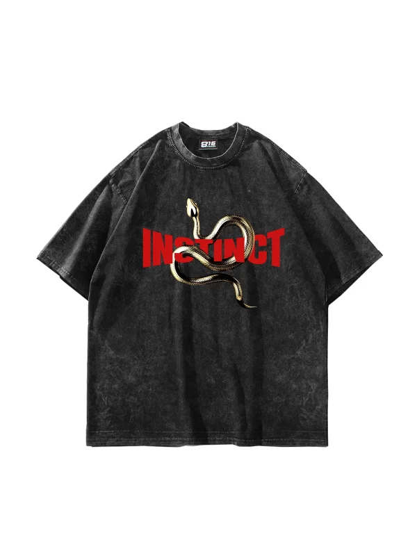Instinct Baskılı Oversize Unisex Yıkamalı Siyah Tshirt