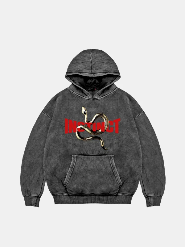 Instinct Oversize Unisex Yıkamalı Siyah Hoodie