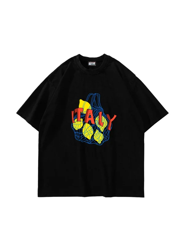 İtaly Lemon Baskılı Oversize Unisex Siyah Tshirt