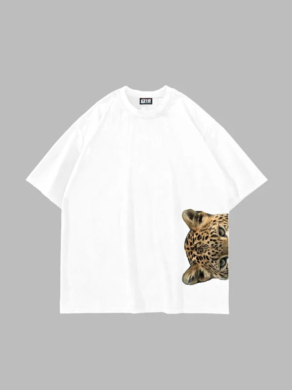 Jaguar Baskılı Oversize Unisex Beyaz Tshirt