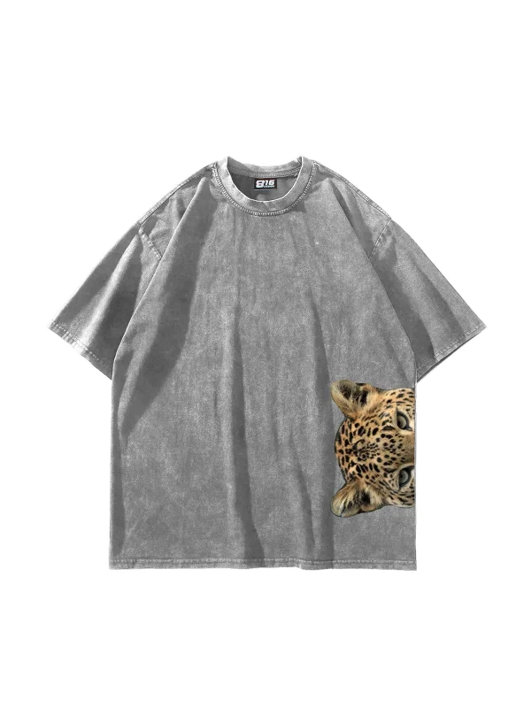 Jaguar Baskılı Oversize Unisex Yıkamalı Beyaz Tshirt