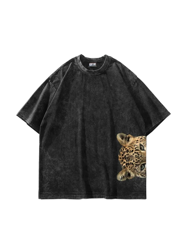 Jaguar Baskılı Oversize Unisex Yıkamalı Siyah Tshirt