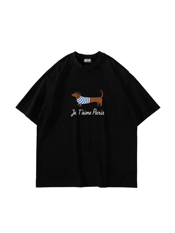 Je Taime Paris Baskılı Oversize Unisex Siyah Tshirt